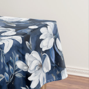 White Magnolia Pattern on midnight background, Tablecloth