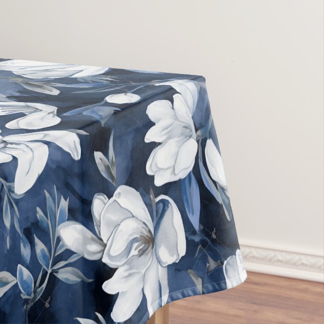 White Magnolia Pattern on midnight background, Tablecloth (In Situ)