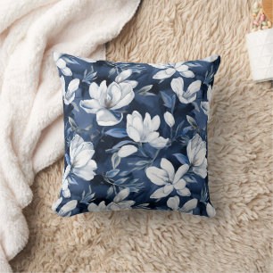 White Magnolia Pattern on midnight background, Throw Pillow