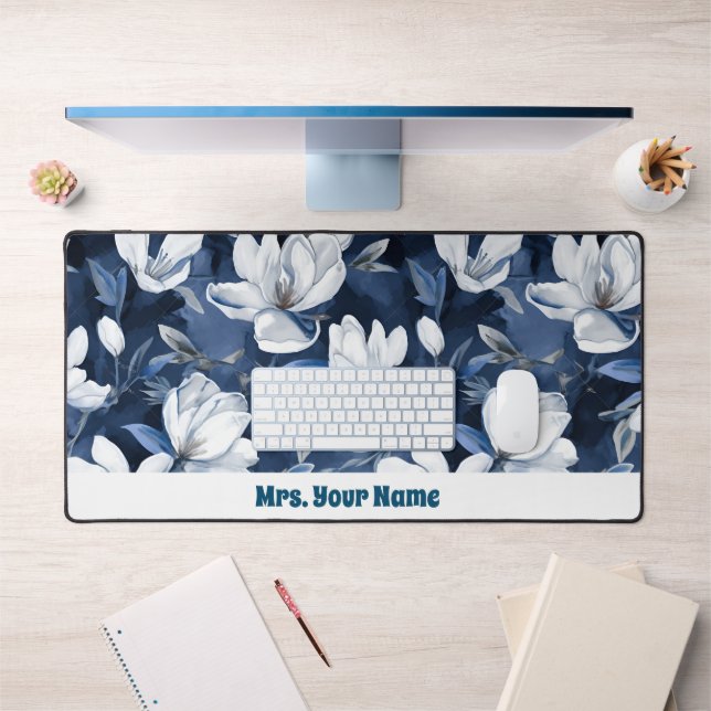 White Magnolia Pattern on midnight chiffon Desk Mat (Office 1)
