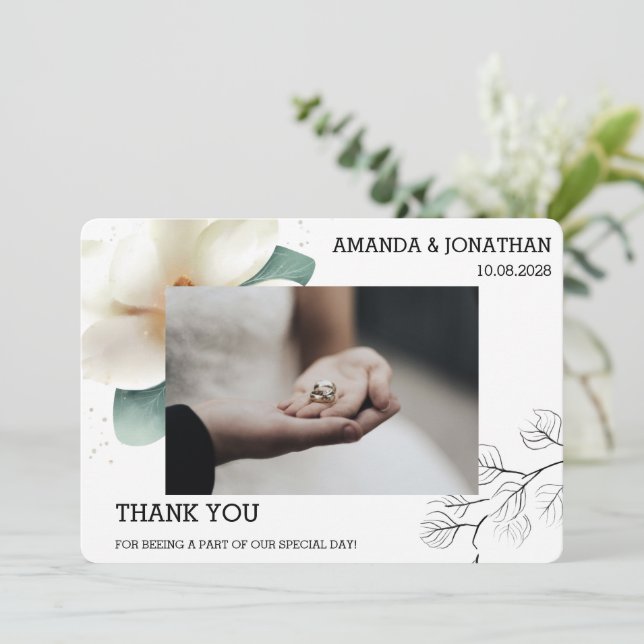 White Magnolia Photo Mariage plat Carte de remerci (Debout devant)