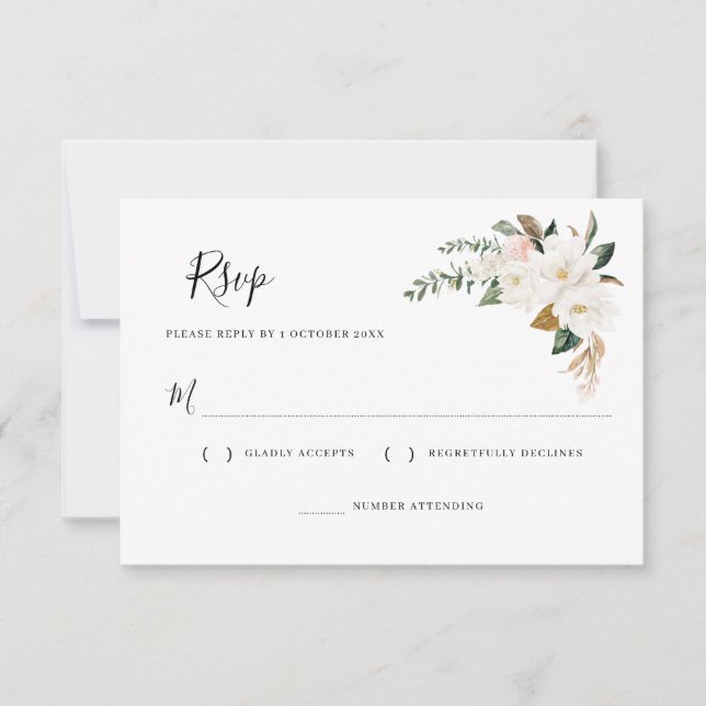 white magnolia & pink floral RSVP card (Front)