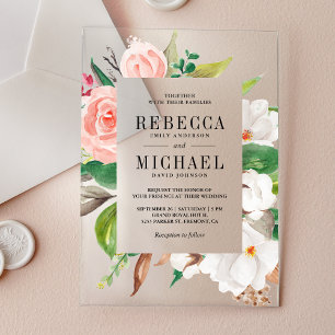 White Magnolia Pink Floral Wedding Acrylic Invitations