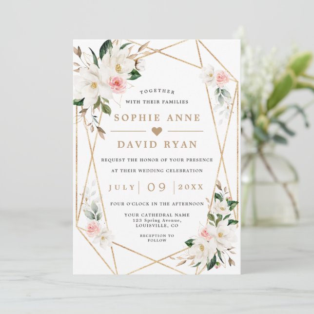 White Magnolia Pink Flowers All In One Wedding   Invitation (Standing Front)