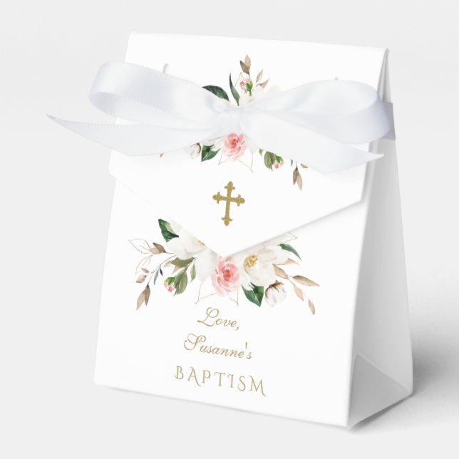 White Magnolia Pink Flowers Gold Cross Baptism Favor Box (Front Side)