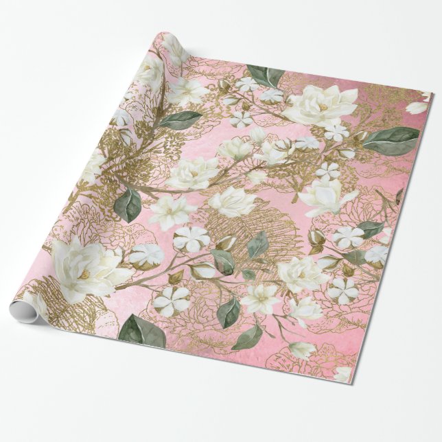 White Magnolia Rose Gold Ferns Chic Floral Wrapping Paper (Unrolled)
