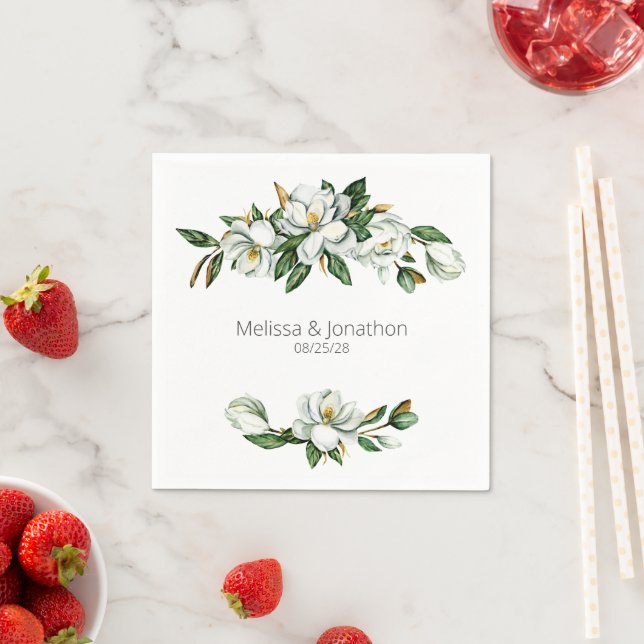White Magnolia Rustic Floral Wedding Napkin (Insitu)