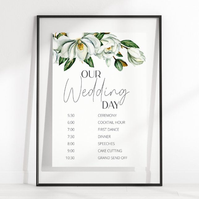 White Magnolia Rustic Floral Wedding Schedule Poster (Creator Uploaded)