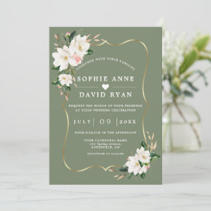 White Magnolia Sage Green All In One Wedding Invitation