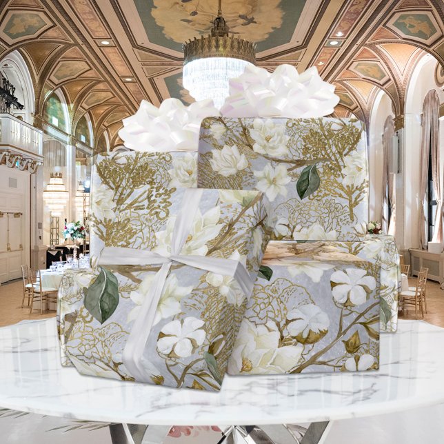 White Magnolia Silver Gold Ferns Floral Wedding Wrapping Paper (Creator Uploaded)