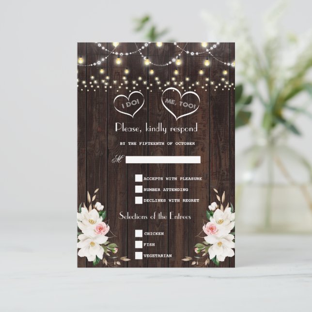 White Magnolia String Lights Old Barn Wedding   RSVP Card (Standing Front)