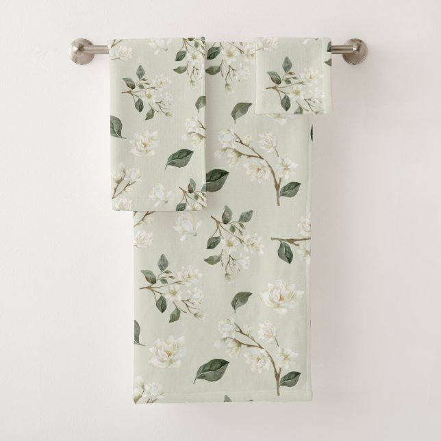 White Magnolia Watercolour Pattern Sea Foam Green Bath Towel Set (Insitu)