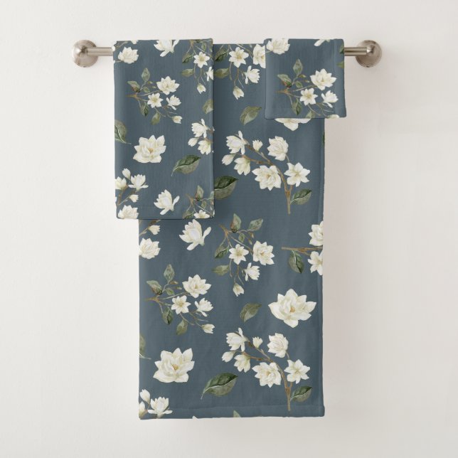 White Magnolia Watercolour Pattern Slate Gray Bath Towel Set (Insitu)