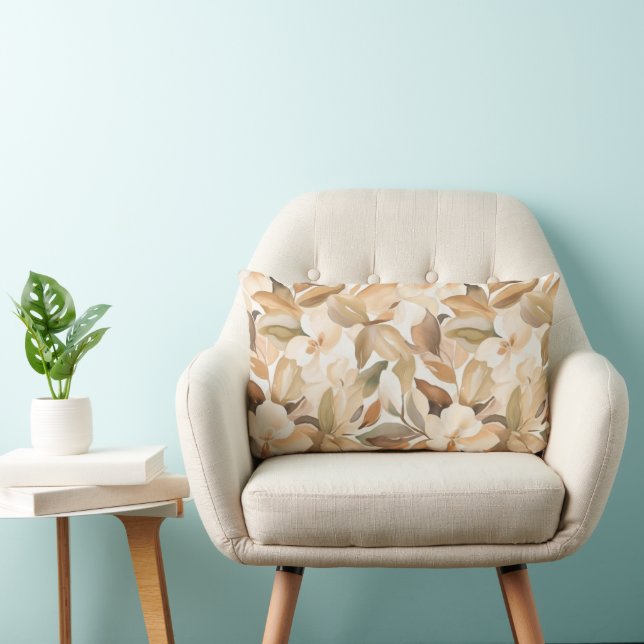 White Magnolia with Tan Modern Art Lumbar Pillow (Chair)