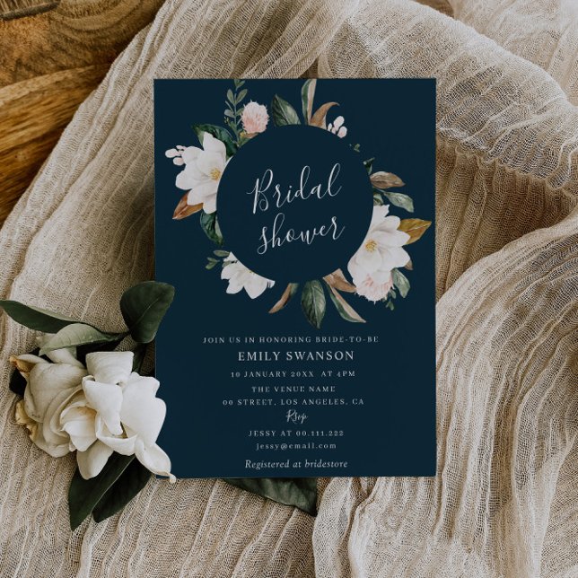 white magnolia wreath navy bridal shower invitation (Creator Uploaded)