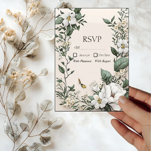 White Magnolias and Butterfly Wedding RSVP Card
