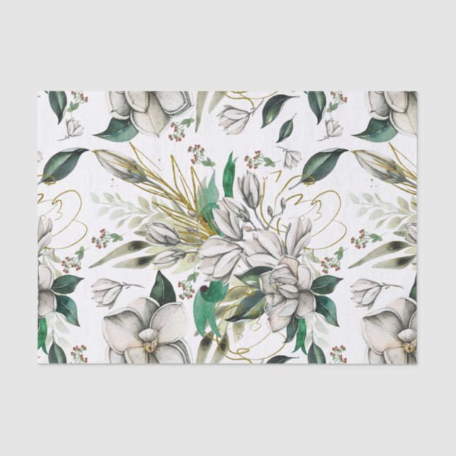 White Magnolias and Green Ribbons Tissue Paper (Front)