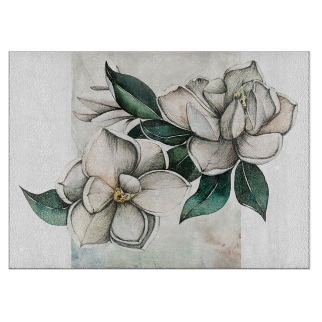 White Magnolias Botanical Glass Cutting Board (Front)