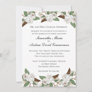 White Magnolias Classic Formal Elegant Wedding Inv Invitation