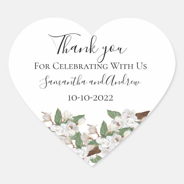 White Magnolias Elegant Classic Wedding Heart Sticker (Front)