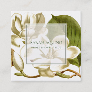 White Magnolias Floral On White Square Business Card
