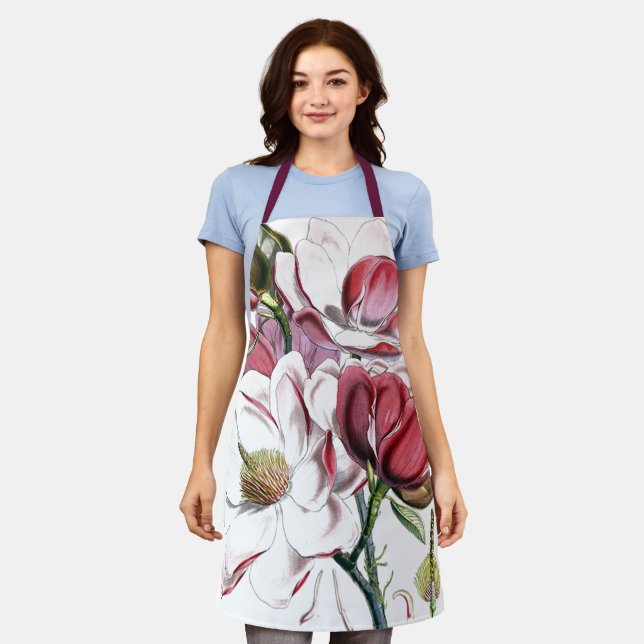 White Magnolias Flower Vintage Old Illustration Apron (Worn)