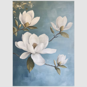 White Magnolias on Blue Decoupage Tissue Pape Paper