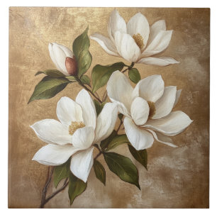 White Magnolias on Gold Background Tile