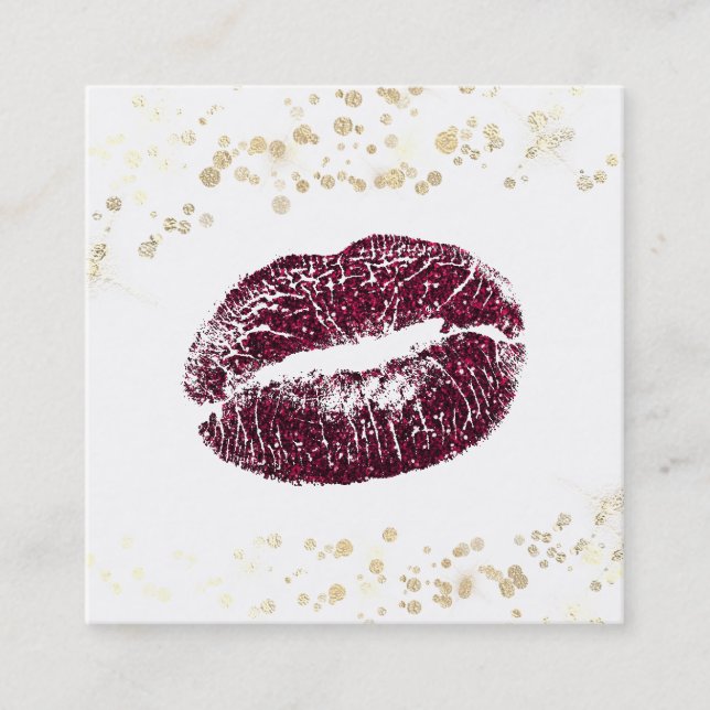 *~* White Makeup Burgundy Lips Gold Confetti Square Business Card (Front)