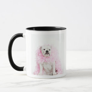 White male dog with pink boa mug