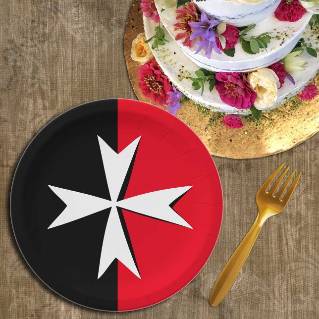 White Maltese Cross & Malta flag symbol / knights Paper Plate (Creator Uploaded)