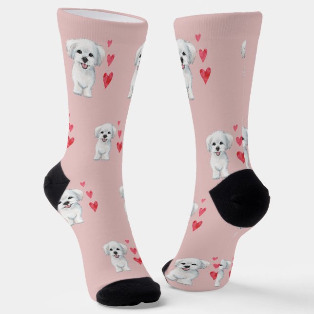 White Maltese Dog Pattern on Pink Socks (Angled)