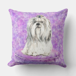 WHITE MALTESE DOG SITTING IN PURPLE DOG BED THROW PILLOW