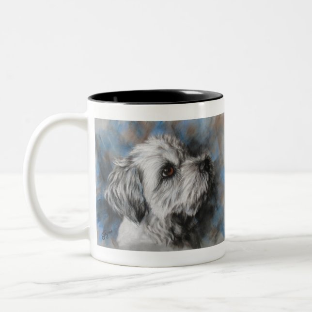 White Maltese/Shih Tzu fluffy dog Two-Tone Coffee Mug (Left)