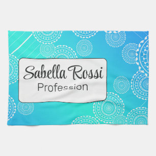 White Mandala on Aqua Blue Blended Rainbow White Kitchen Towel