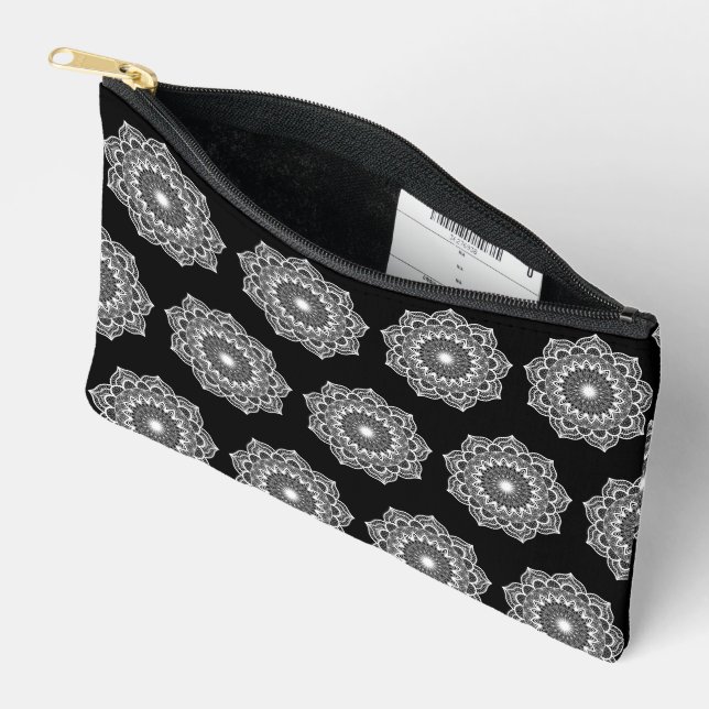 White Mandala on Black Background Accessory Pouch (Open)