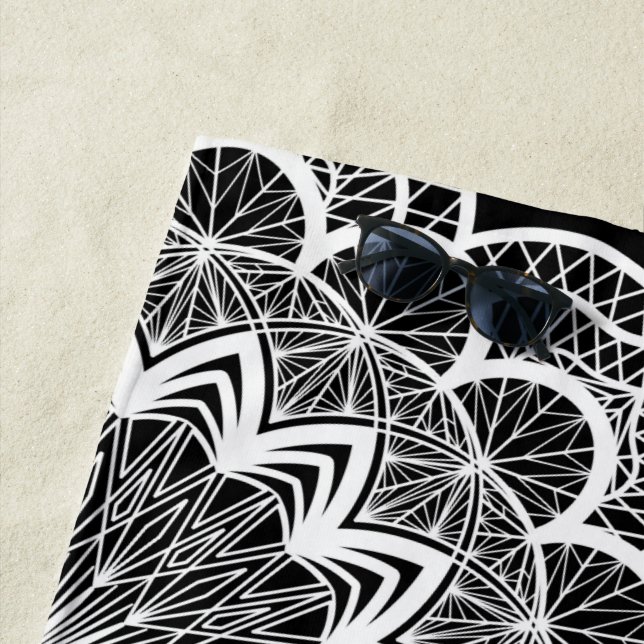 White Mandala on Black Background Beach Towel (In Situ)