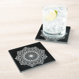 White Mandala on Black Background Glass Coaster