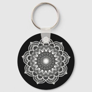 White Mandala on Black Background Keychain