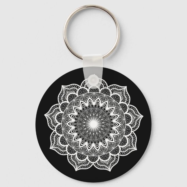 White Mandala on Black Background Keychain (Back)