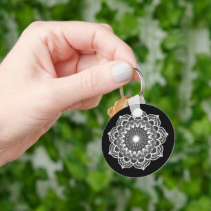 White Mandala on Black Background Keychain