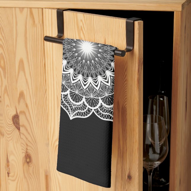 White Mandala on Black Background Kitchen Towel (Thirds Fold)