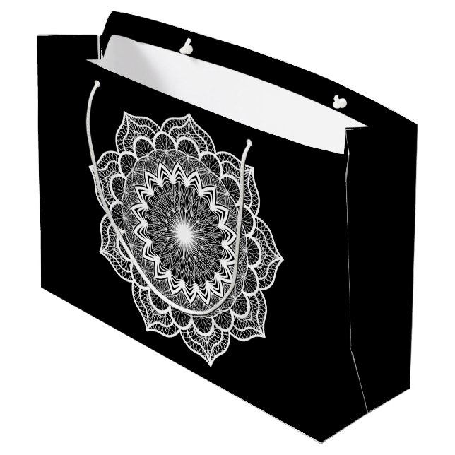 White Mandala on Black Background Large Gift Bag (Back Angled)