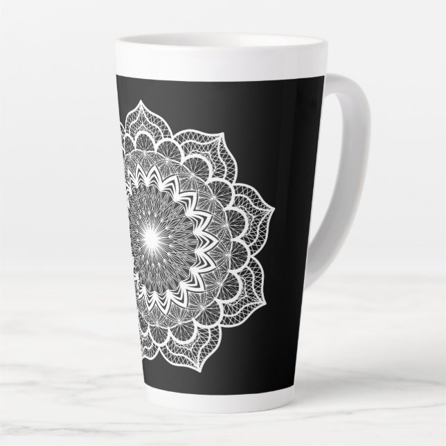 White Mandala on Black Background Latte Mug (Right Angle)