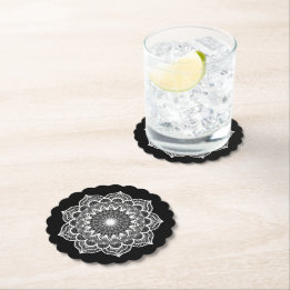 White Mandala on Black Background Paper Coaster