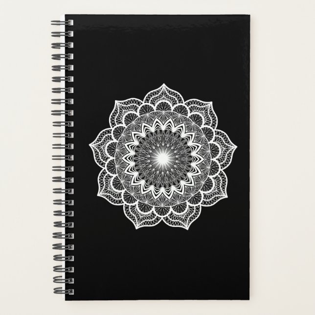 White Mandala on Black Background Planner (Front)