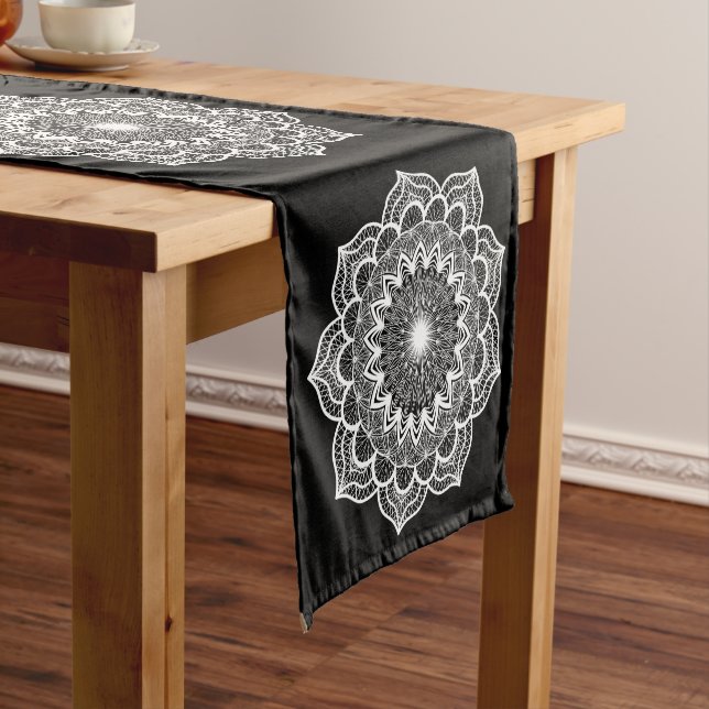White Mandala on Black Background Short Table Runner (In Situ)