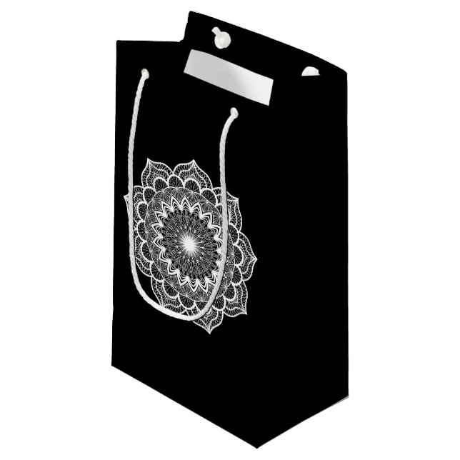 White Mandala on Black Background Small Gift Bag (Front Angled)