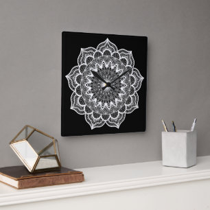 White Mandala on Black Background Square Wall Clock