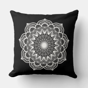 White Mandala on Black Background Throw Pillow